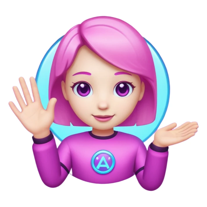 Friendly round AI mascot with a neon C badge, floating hologram in hands, purple-magenta glow. sticker