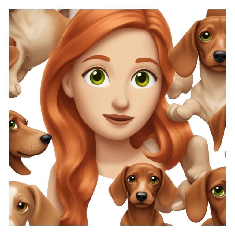 red head women green eyes with her light cream dachshund  sticker
