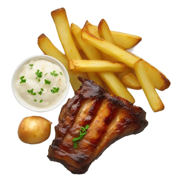 A plate with ribs and garlic wedges potato sticker