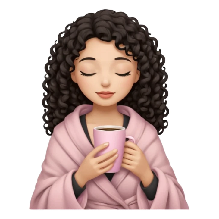 woman with medium tone, black long 3b curls, closed eyes, feminine face, holding soft pink coffee cup with beige blanket over shoulders sticker
