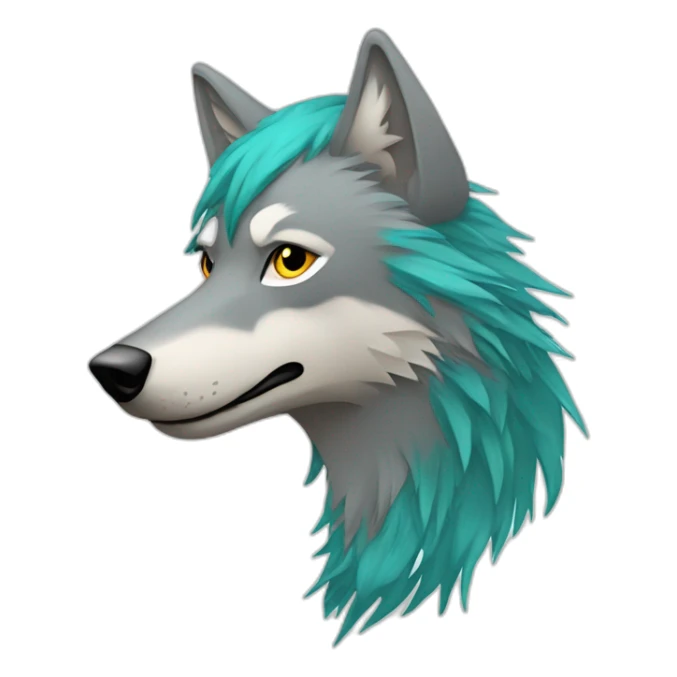 Grey wolf head with a star tatoo over his right eye, he have a turquoise glamrock mullet haircut sticker