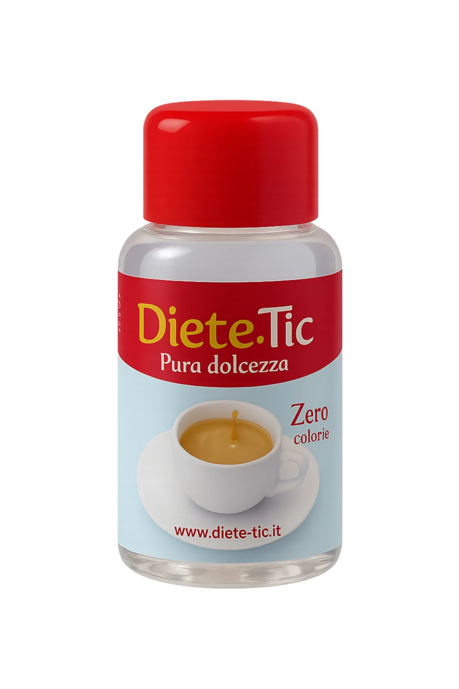 BOCCETTA DI DOLCIFICANTE LIQUIDO CON LA SCRITTA "DIETE-TIC" SULL'ETICHETTA FLUTTUA IN ARIA sticker