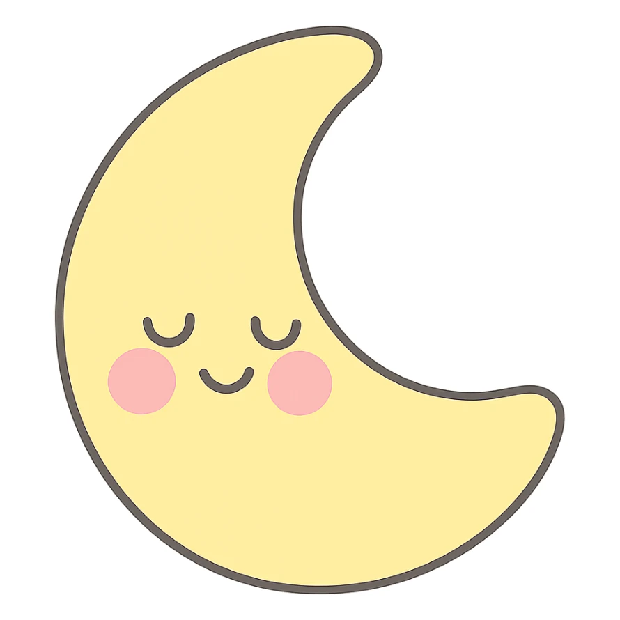 kawaii sleepy yellow crescent moon, gentle smile, blushing cheeks, soft pastel colors, no limbs, full body, soft pastel kawaii style sticker