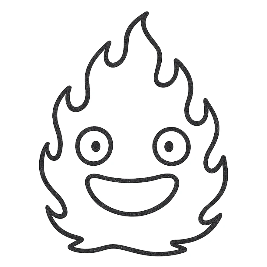 Simplify the design of Calcifer, make the face clear and expressive, use a transparent background, and ensure the flame shape is bold and recognizable even at small size, suitable for a Notion page emoji. sticker