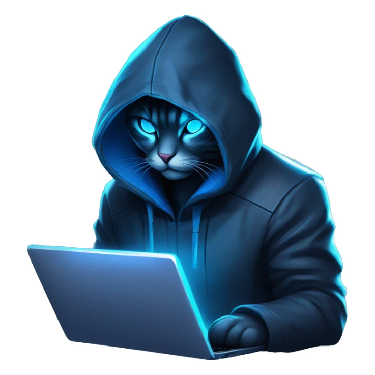 Side view developer cat behind his laptop with this style : Riot Games Valorant neon glowing bright blue character blue black hooded assassin themed character sticker
