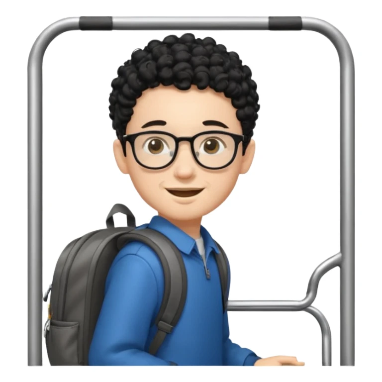 A young boy DEVELOPER WITH A backpack, black curly short hair, wearing glasses, a thin goatee, his skin is white, riding a bus sticker