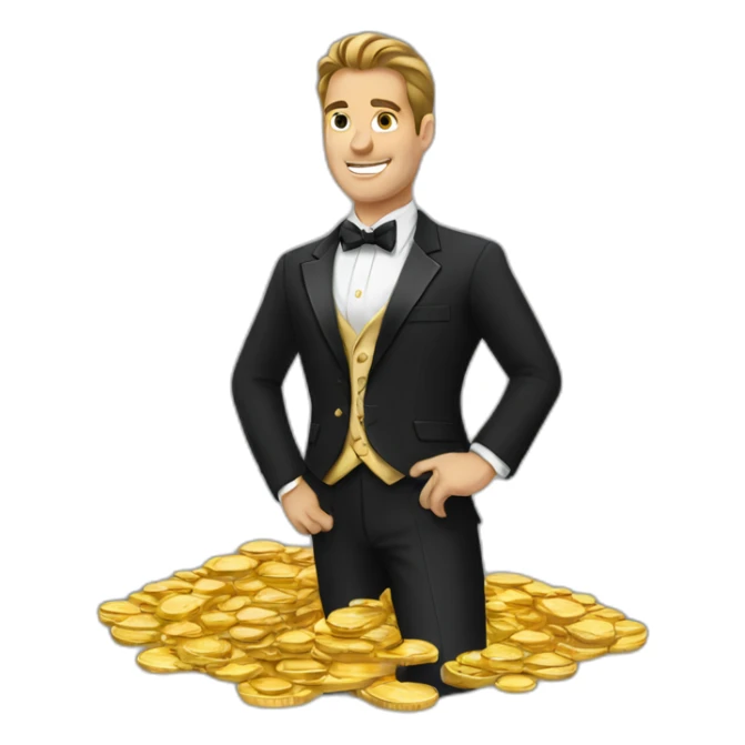 Posh-man-with-black-suit-holding-golden-coins sticker