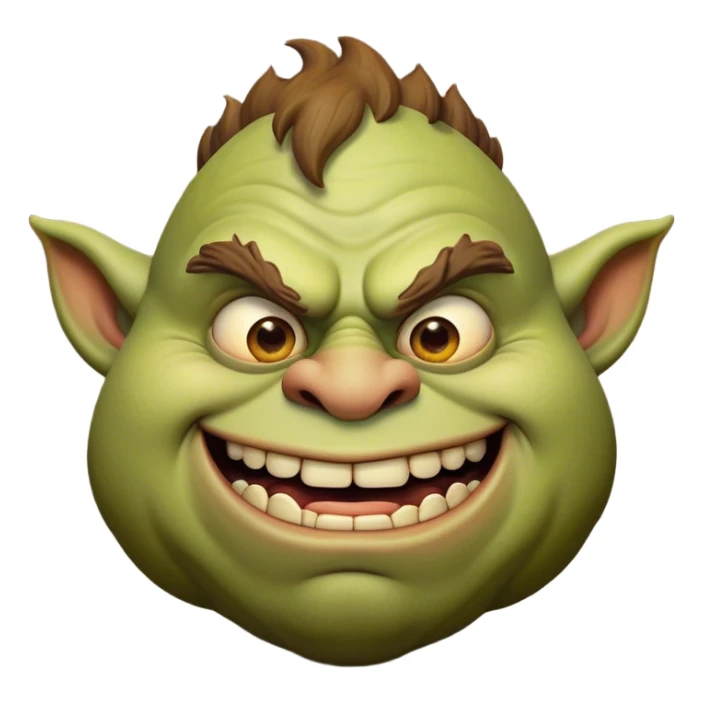 Cinematic Comical Ogre Portrait Emoji, with a strikingly exaggerated, bulky figure in vivid earthy greens and browns, head tilted in a dramatically surprised expression with wide, comically bulging eyes and a goofy, oversized grin, simplified yet hilariously exaggerated, highly detailed with a soft, cartoonish glowing outline capturing the playful absurdity of a meme-worthy ogre! sticker