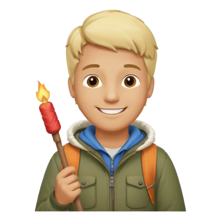 bşonde male with camping clothes holding marshmallow stick sticker