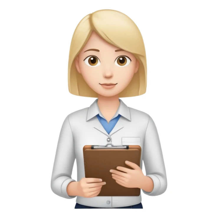 intern or volunteer holding a clipboard and pencil, ready to take notes or assist. The character wears a simple shirt and has an eager posture sticker