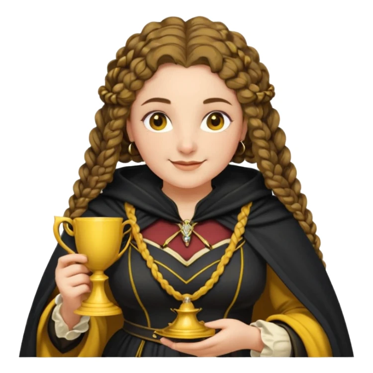 Helga Hufflepuff, 2 curly thick brown braids, yellow-black medieval dress, black cloak decorated with gold braiding, tiny two-handled shiny yellow-gold cup, very kind smile, curvy busty sweet woman, thick rosy cheeks sticker