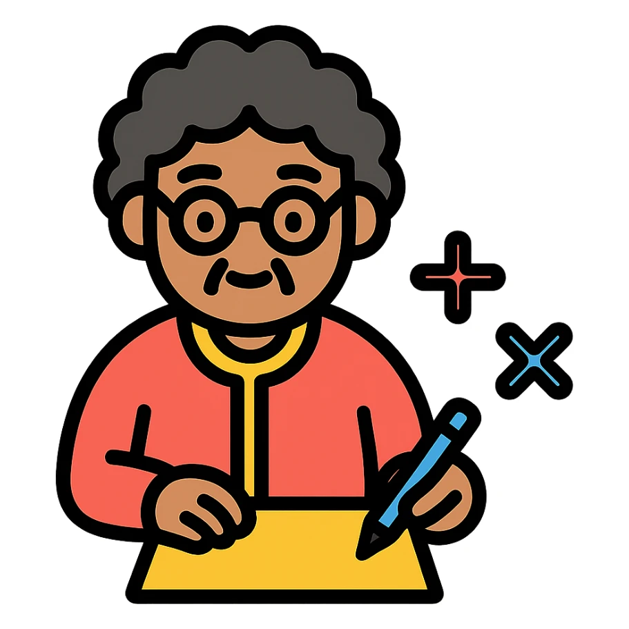 grandma with short curly black hair doing math sticker