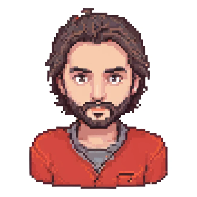 Recep İvedik wearing his signature red shirt, thick eyebrows, and beard, pixel art style sticker