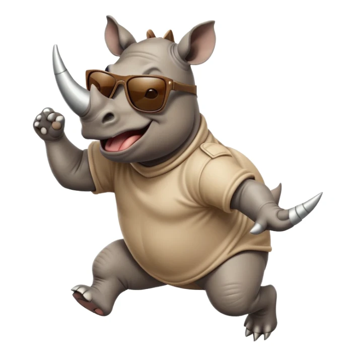 friendly anthropomorphised rhino jumping with excitement, wearing dark sunglasses, standard pose sticker