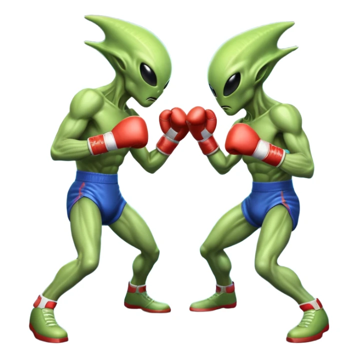 two alien fighters boxing, mid-punch action, motion blur effect, glowing energy impact, dramatic lighting, 3D cartoon, mobile game icon style, clean background, no text, no watermark
 sticker