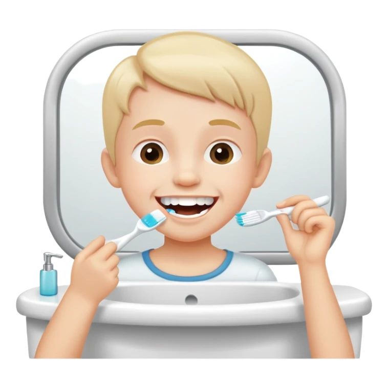 child brushing teeth in front of a bathroom mirror, cheerful expression sticker