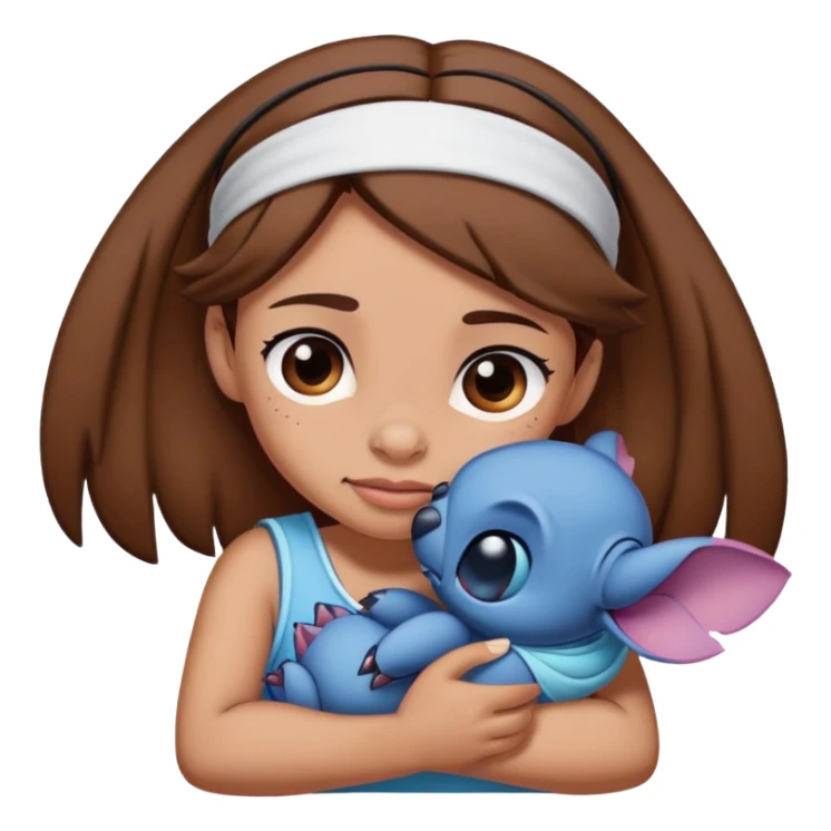 stitch hugging a girl with brown hair and a headband on  sticker