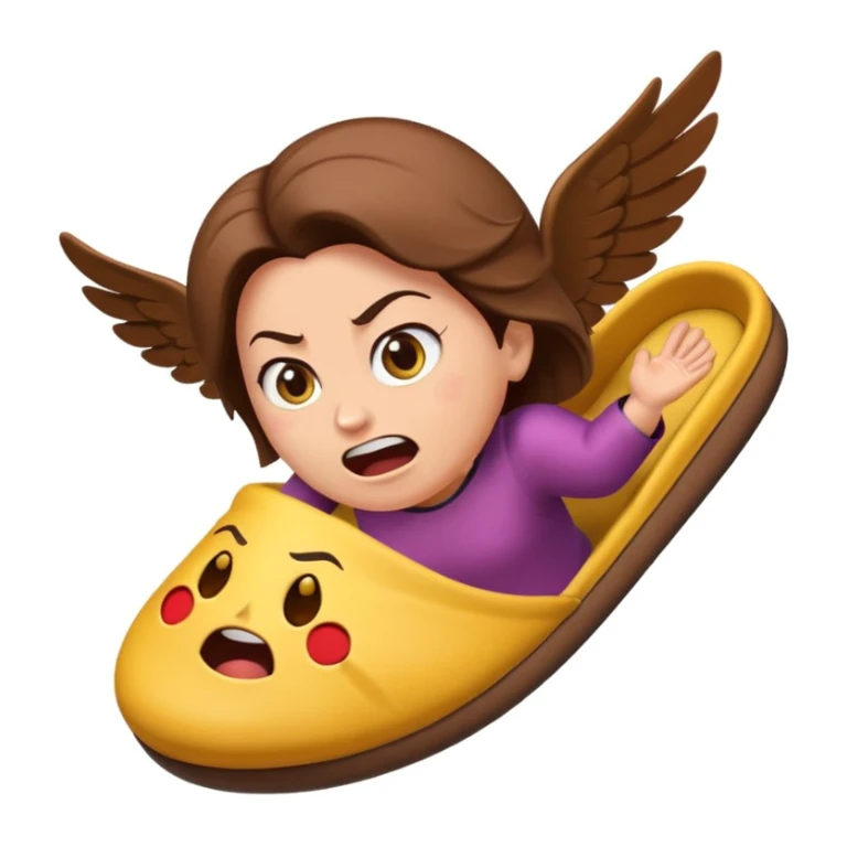 a slipper flying through the air, angry mom in background, emoji style sticker