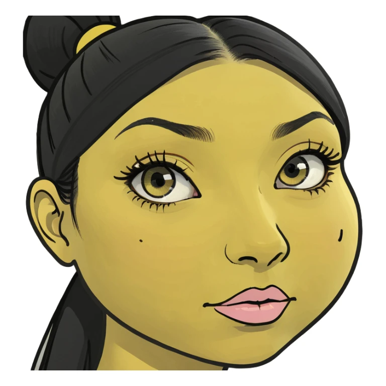 yellow circle for a face, black ponytail on the right side, two half circles on the top, eye on the left side, one side of lips on the left side, black circle as cheeks, a nose on the left side sticker