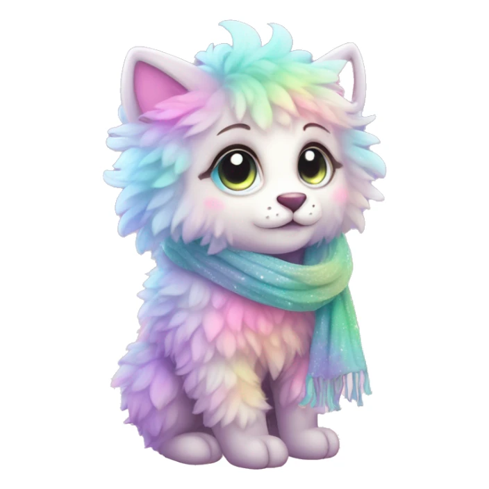 Edgy Kawaii cute gorgeous colorful sparkly bright light pastel gradient fantasy ethereal fluffy fursona animal creature with a cute scarf full body sticker