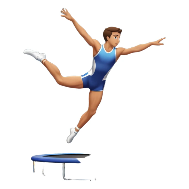 An athletic person soaring high above a trampoline, executing an acrobatic flip with perfect form. The scene captures motion and energy, with a dynamic pose, stretched limbs, and a focused expression. The background suggests a professional trampoline arena with safety padding. sticker