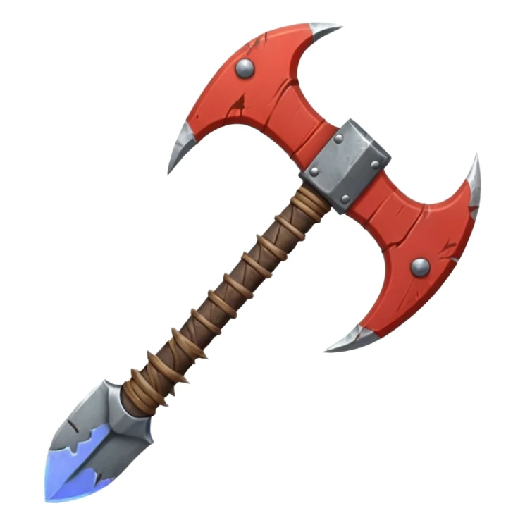 savage barbarian axe object icon, spiked double blade, battle-worn metal, scratches, heavy fantasy weapon, 3D cartoon, mobile game icon style, centered, clean background, no text, no watermark sticker