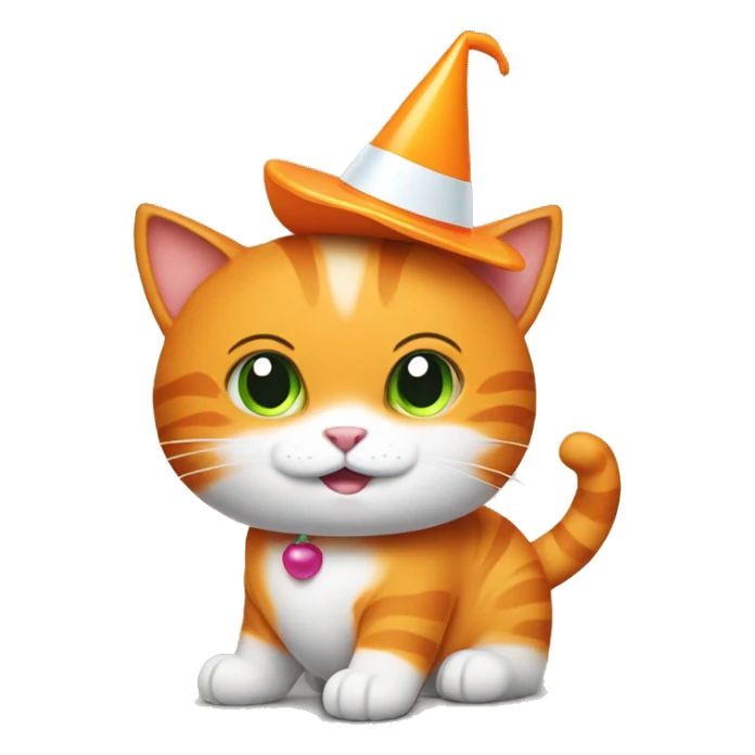 A orange cat with a white belly and with a partyhat sticker