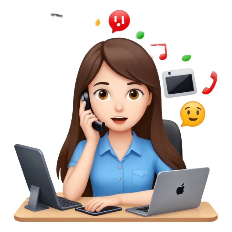 busy girl with a lot of phone calls and work, computer sticker