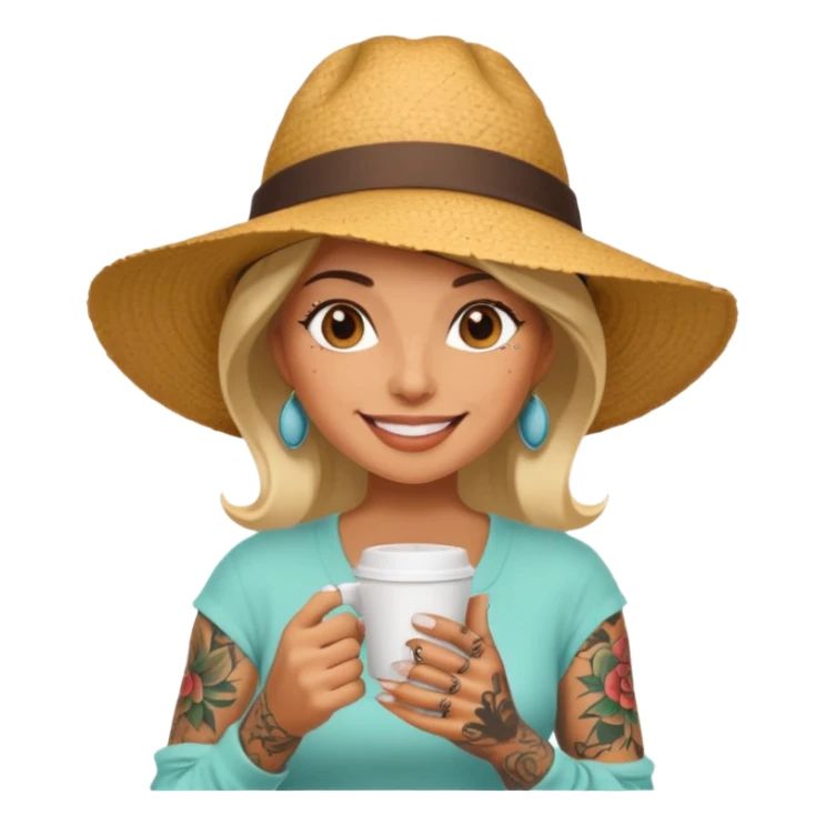 Tattooed lady in sunhat holding coffee cup sticker