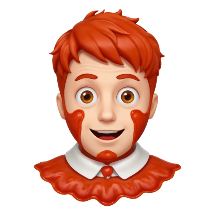 funny theater actor portrait, head and shoulders only, covered in tomato sauce, shocked wide eyes, awkward smile, stage costume collar, 3D cartoon, mobile game icon style, clean background, no text, no watermark
 sticker