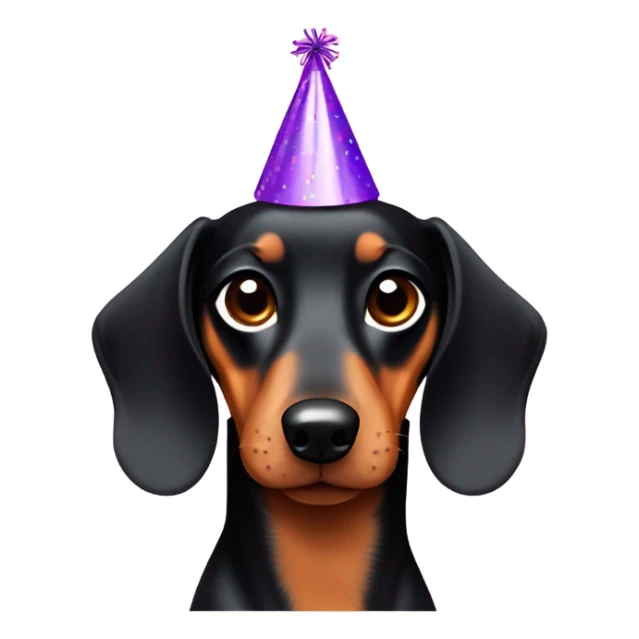 Black and tan dachshund wearing a party hat sticker
