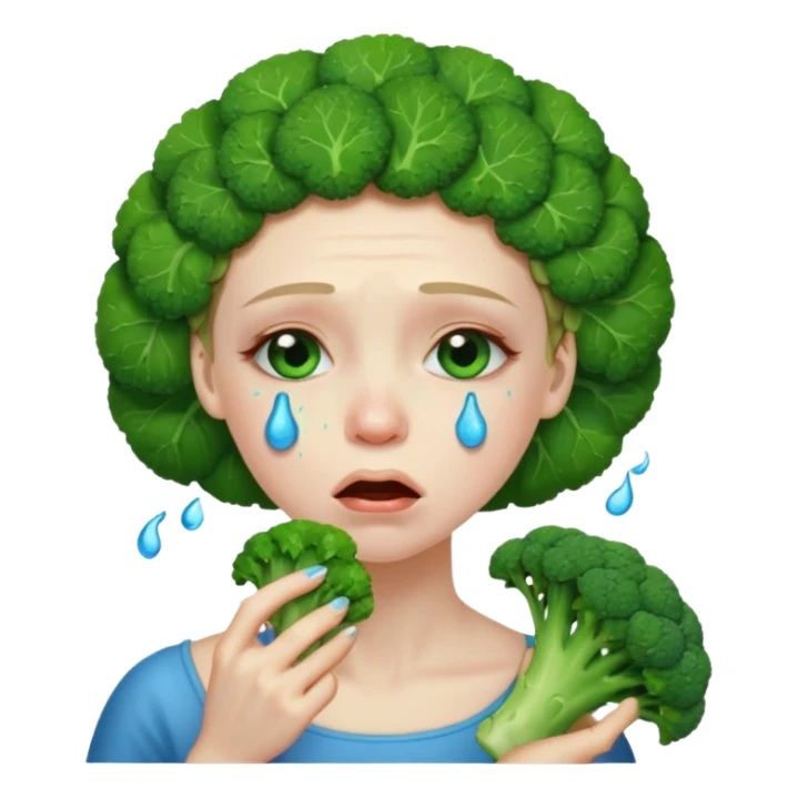 Woman crying eating broccoli. make tears blue color sticker