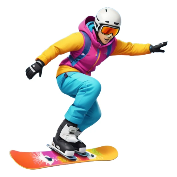An icon showing a snowboarder performing an exciting jump on a snow-covered slope. The background features towering mountains, snow-covered trees, and a bright, clear sky. Transparent background highlights the speed, agility, and thrill of snowboarding. sticker