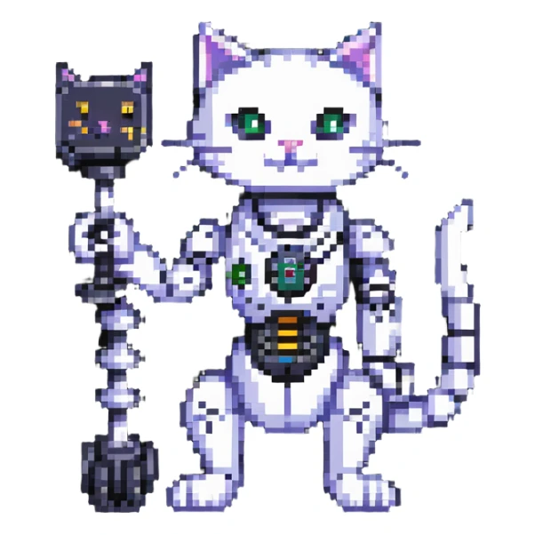 pixel art cat with a robotic arm, retro gaming vibe sticker