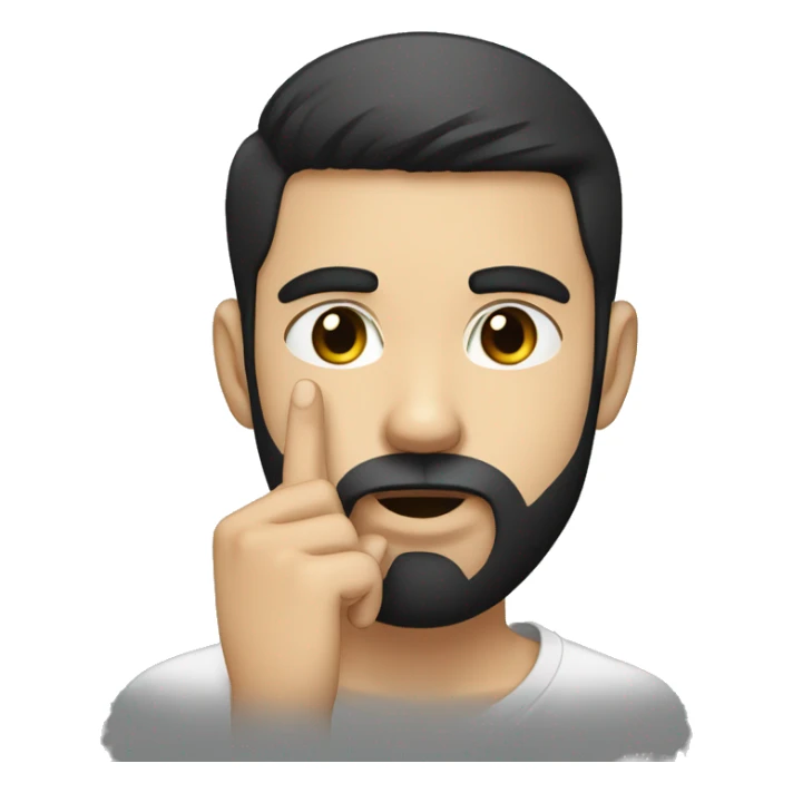 a young man with short black hair beard, who puts his finger in front of his mouth to make a sign of silence, with white skin sticker