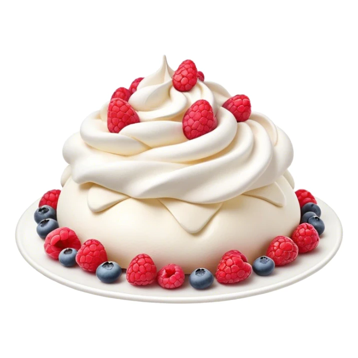 Cinematic Realistic Pavlova Dessert Emoji, showcasing a delicate meringue dessert topped with fresh fruit rendered with lifelike texture and soft natural lighting. sticker