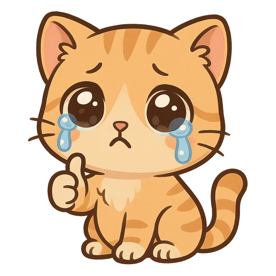 A kitten with tearful eyes, giving a thumbs up sticker
