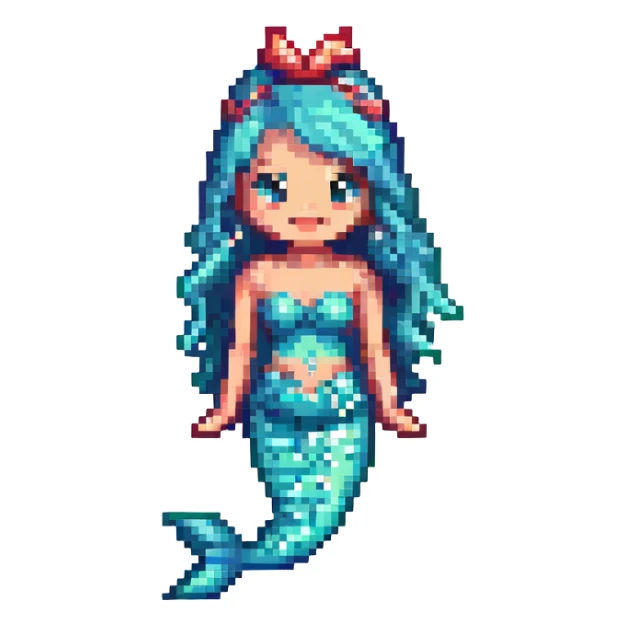 cute mermaid emoji, pixel art style sticker