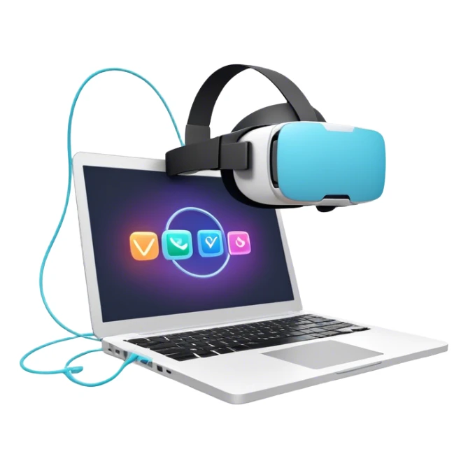 VR headset connected by a wire to a laptop. On the laptop screen, a VR/AR modeling program is open. Floating 3D models or virtual objects. Modern, tech-inspired colors. No emojis or smiley faces. Transparent background. sticker
