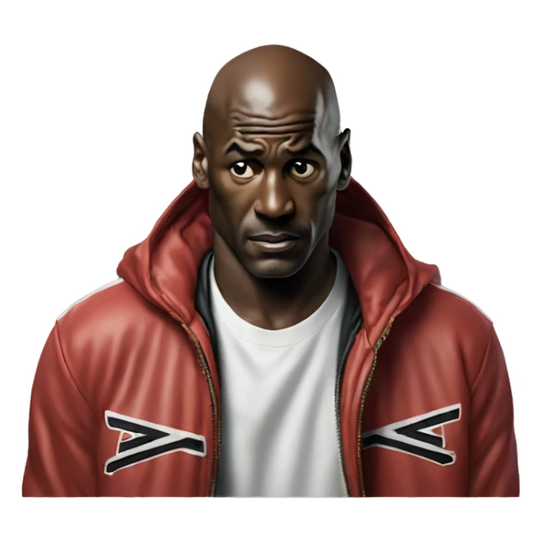 Michael Jordan in a jacket holds his head and is sad photorealistic serious sticker