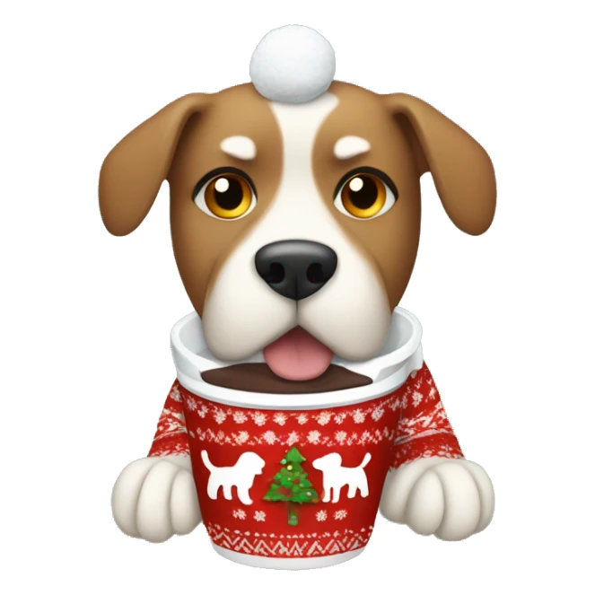 dog with christmas sweater and a hot cocoa sticker