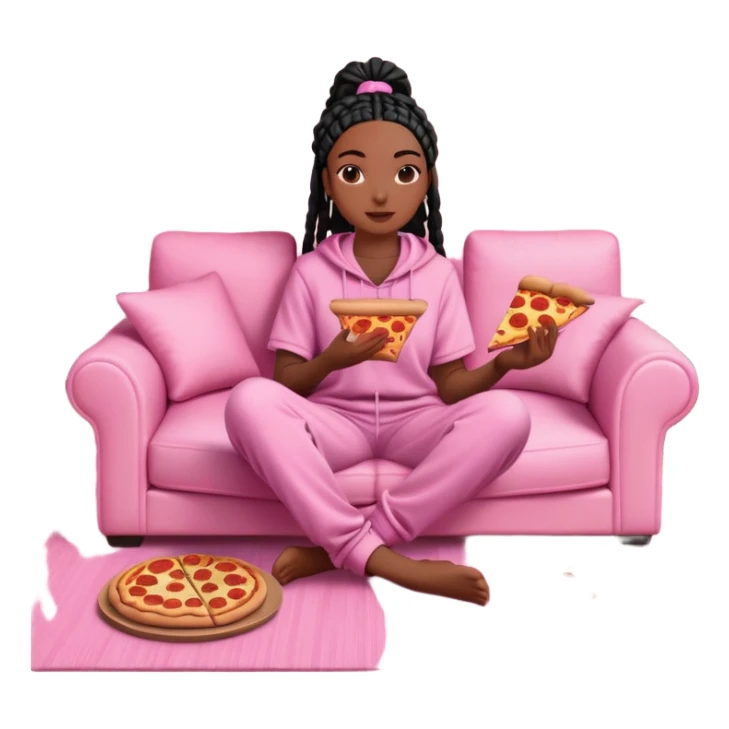 A dark-brown-skinned Black woman with black box braids, sitting on a pink couch, holding an open pizza box.She’s wearing comfy loungewear, looking relaxed and enjoying her food. sticker