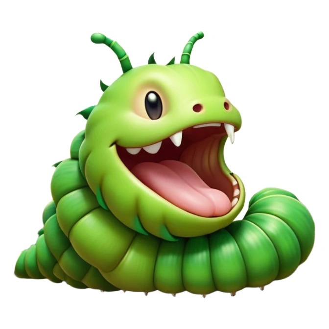 Cinematic Realistic Cute Yawning Caterpillar Portrait Emoji, Head tilted slightly with a dramatic, wide-open yawn, showcasing a soft, downy segmented body in vivid green with subtle drooping and half-closed, drowsy eyes, rendered with intricate natural texture and gentle shadows, high shine, relaxed yet expressive, styled with a dash of woodland charm, soft glowing outline, capturing the essence of a sleepy yet affectionate caterpillar that appears ready to stretch out and rest among the leaves! sticker