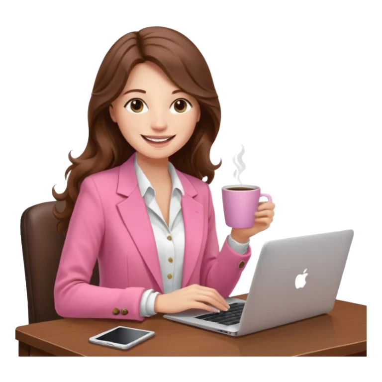 smiling woman with long wavy brown hair, pink blazer, white top, holding coffee and working on laptop — cozy home office background sticker