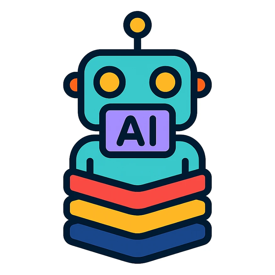 combined logo of robot, AI generator, and StackSpot, cohesive tech branding icon sticker