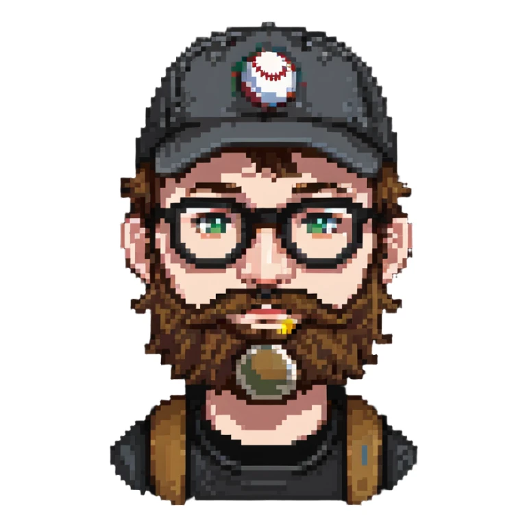 adventurer with beard, glasses and backwards baseball cap sticker