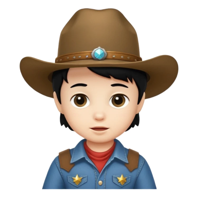 A baby with black hair wearing a cowboy hat sticker