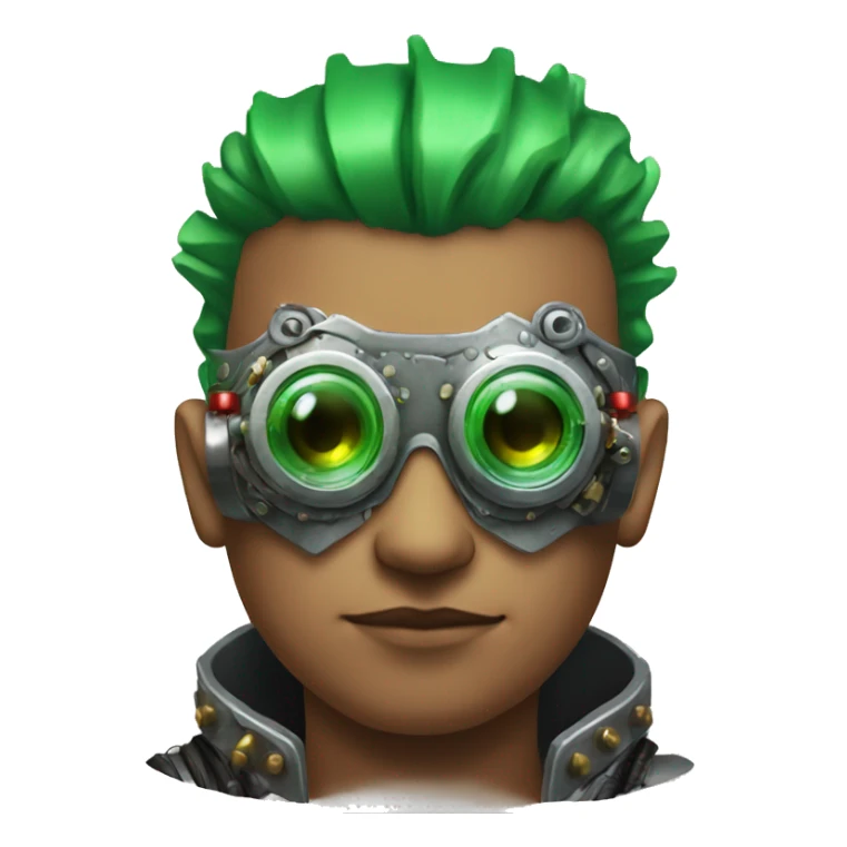Male cyborg with thin red Mohawk and green steampunk goggles sticker