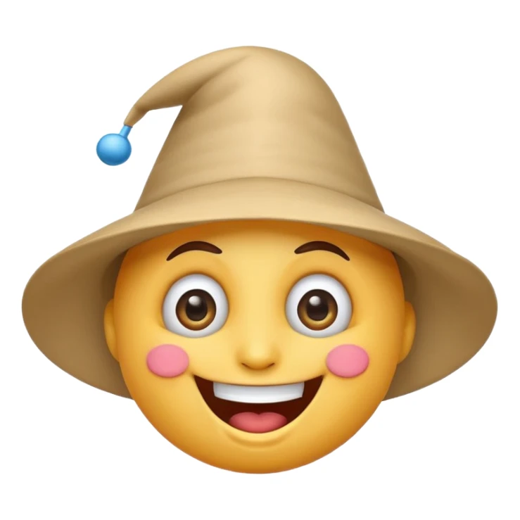 A crazy, laughing emoji with a funnel hat on its head. Exaggerated wide smile, big expressive eyes, playful and silly expression. Cartoon style, clean lines, bright colors, simple background, emoji-style illustration, high quality, centered composition sticker