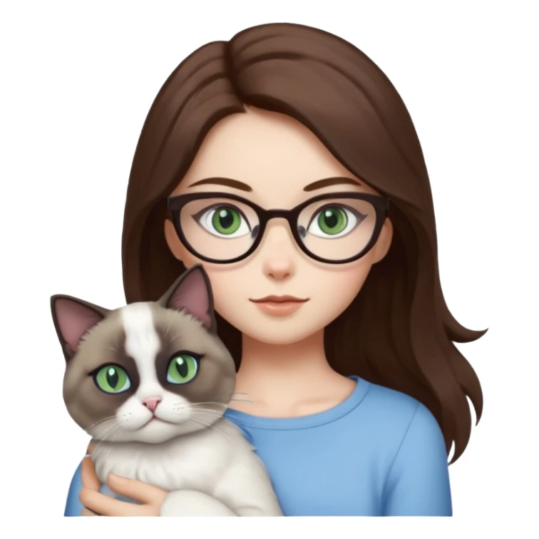 O data cu parul saten ,ochii griji-albastrii ,ochelari și codițe de pisica ..și langa o pisicuță alba pufoasa ,cu ochii verzi și o a doua pisica siameza pufoasa cu capul maro -negru și coada ,restul corpului un maro deschis spre alb  , ochii albaștrii sticker